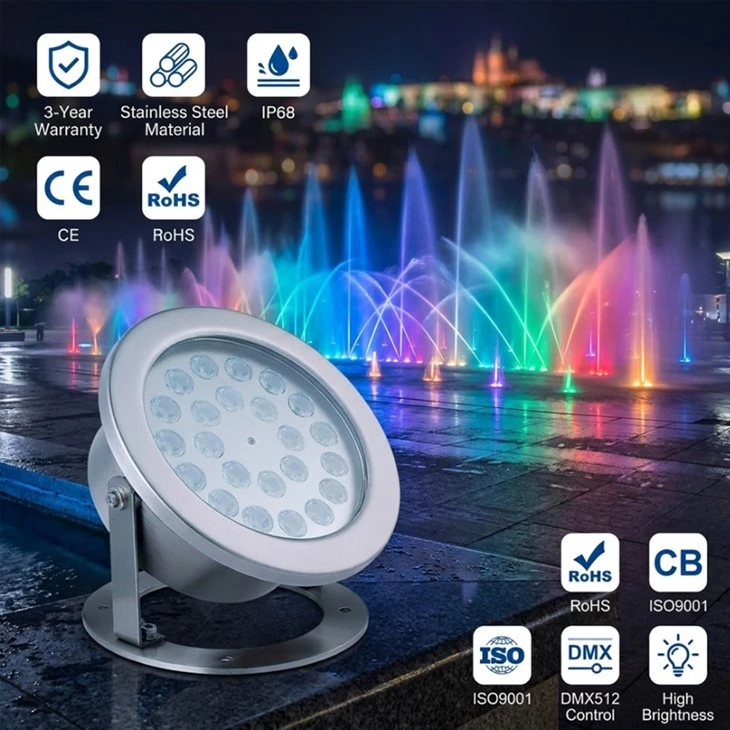 Golau Tanddwr LED IP68 12V 24V RGB 304 Sbotolau Tanddwr Dur Di-staen Ar gyfer Ffynnon Pyllau